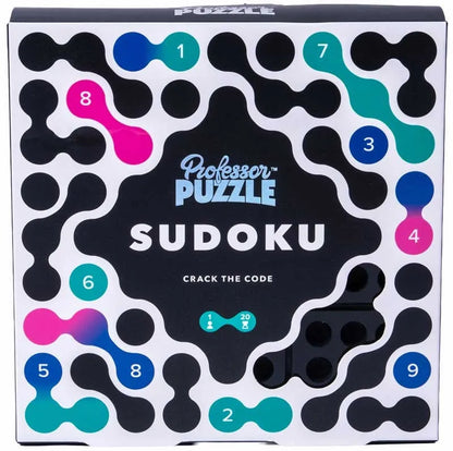 Professor Puzzle Sudoku spēles kaste ar krāsainiem skaitļu elementiem uz melnbalta, ģeometriska fona.