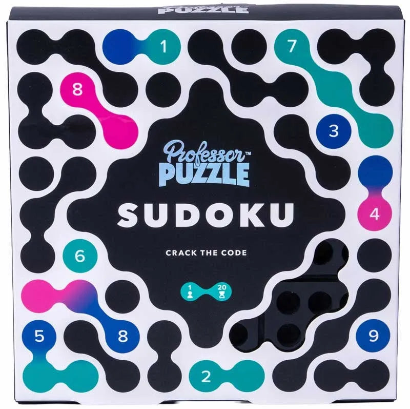 Professor Puzzle Sudoku spēles kaste ar krāsainiem skaitļu elementiem uz melnbalta, ģeometriska fona.