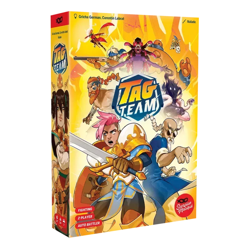 Galda spēles Tag Team kaste ar krāsainu ilustrāciju, kurā attēloti cīkstoņu tēli uz spilgti dzeltena fona.