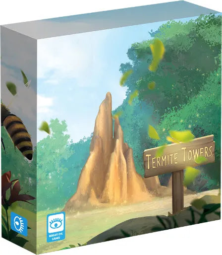 Galda spēles Termite Towers kaste ar ilustrētu termītu pūzni, koka norādi un dabas ainavu uz zaļa fona.