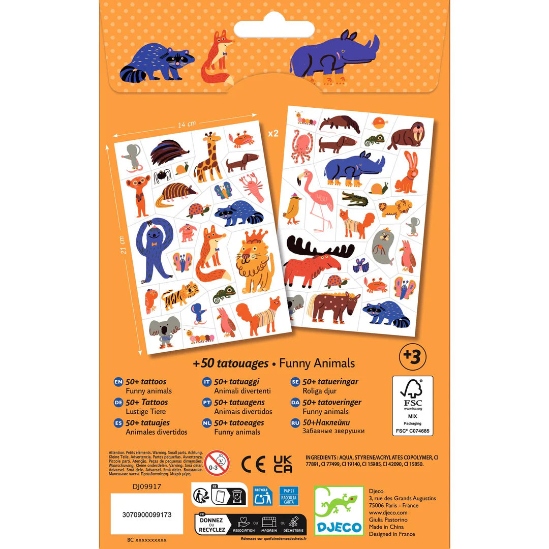 Divas 14x21 cm loksnes ar vairāk nekā 50 krāsainiem, stilizētiem dzīvnieku pagaidu tetovējumiem bērniem.