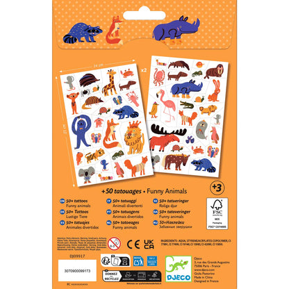 Divas 14x21 cm loksnes ar vairāk nekā 50 krāsainiem, stilizētiem dzīvnieku pagaidu tetovējumiem bērniem.