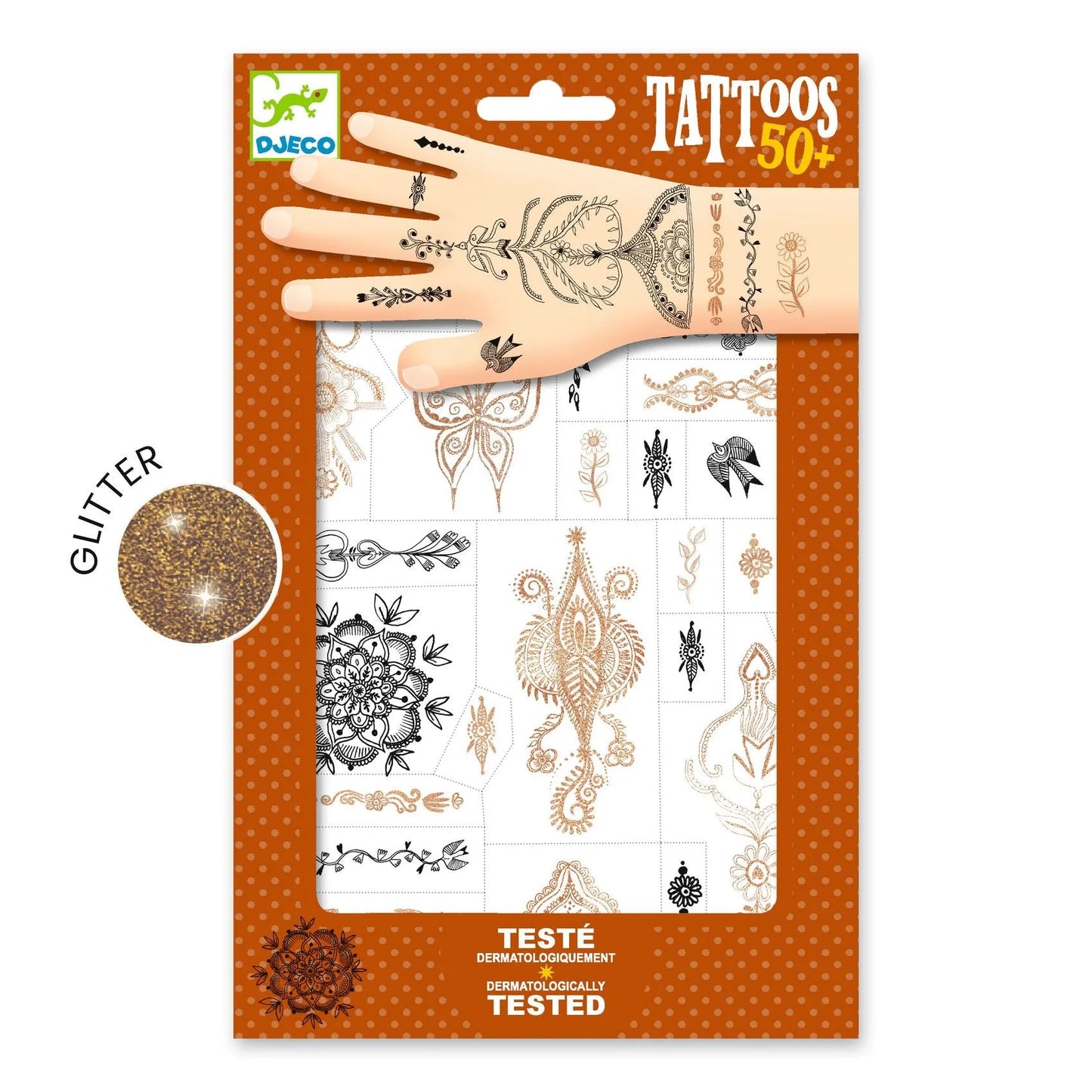 Djeco Oriental breeze pagaidu tetovējumu komplekts ar 50+ zelta spīduma ornamentiem un ziedu rakstiem uz ādas.
