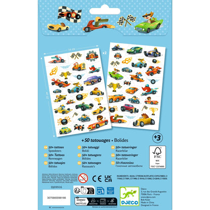 Divas 14x21 cm papīra loksnes ar vairāk nekā 50 krāsainiem sacīkšu auto un trofeju pagaidu tetovējumiem bērniem.