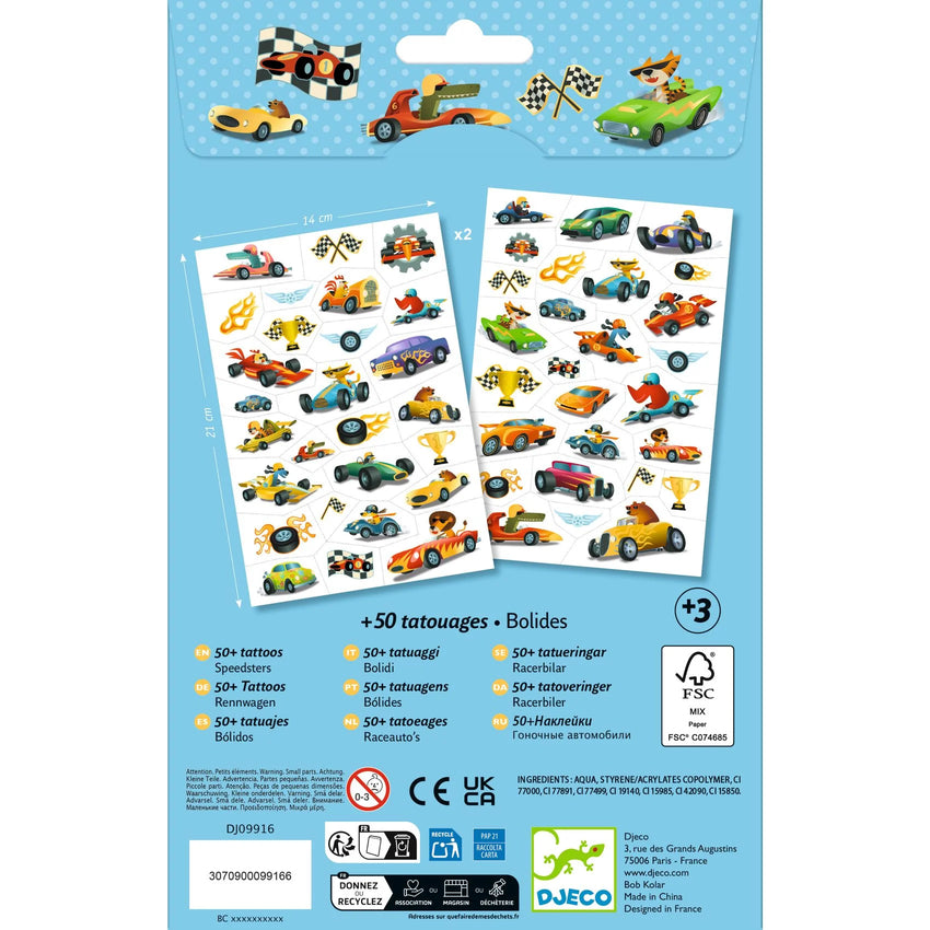 Divas 14x21 cm papīra loksnes ar vairāk nekā 50 krāsainiem sacīkšu auto un trofeju pagaidu tetovējumiem bērniem.