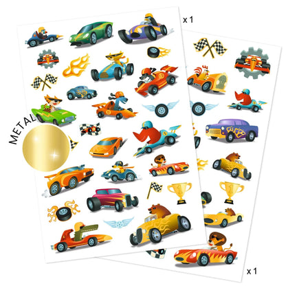 Krāsainas pagaidu tetovējumu loksnes ar sacīkšu auto, dzīvnieku braucēju un uzvaras kausu ilustrācijām bērniem.