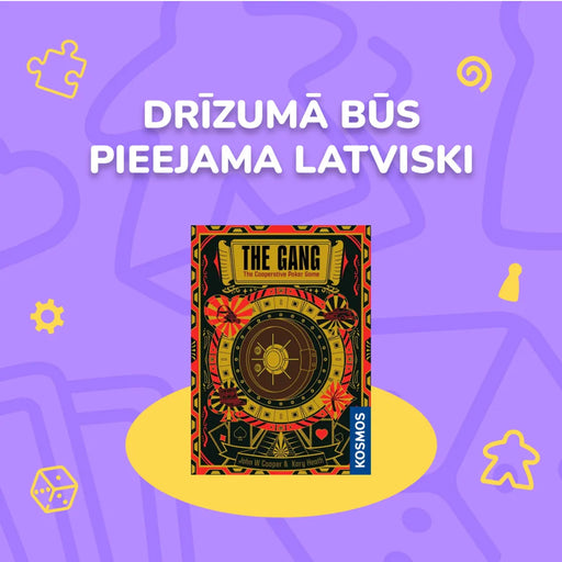 Galda spēles The Gang kaste ar seifa attēlu uz violeta fona, norādot uz drīzu spēles pieejamību latviešu valodā.