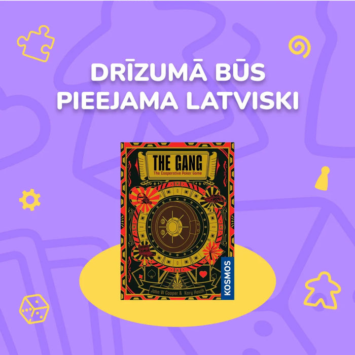 Galda spēles The Gang kaste ar seifa attēlu uz violeta fona, norādot uz drīzu spēles pieejamību latviešu valodā.