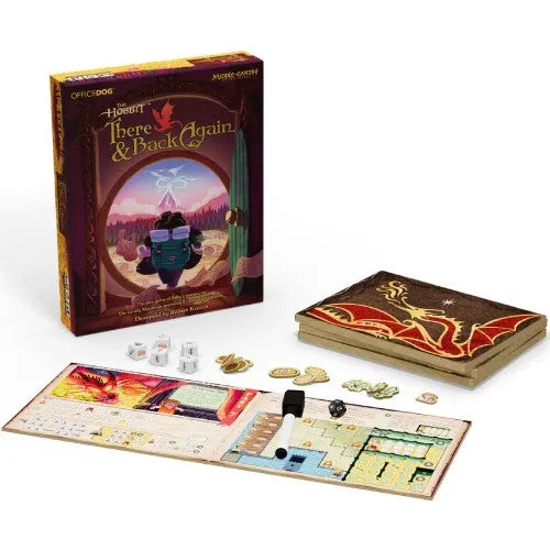 Galda spēle The Hobbit: There and Back Again ar spēles kasti, atveramu spēles laukumu, marķieri, kauliņiem un žetoniem.