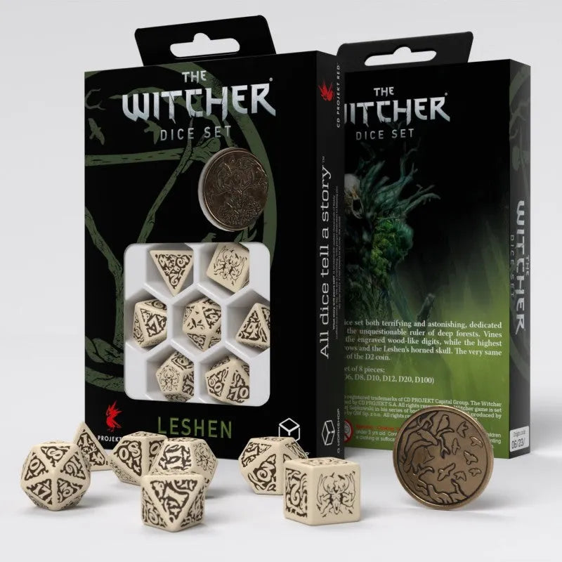 The Witcher Leshen kauliņu komplekts ar krēmkrāsas gravētiem poliedriskiem kauliņiem un tematisku metāla monētu.