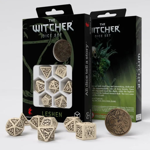 The Witcher Leshen kauliņu komplekts ar krēmkrāsas gravētiem poliedriskiem kauliņiem un tematisku metāla monētu.
