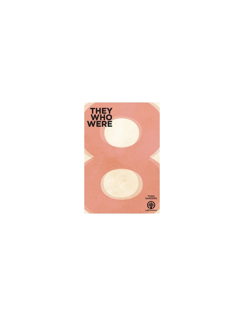 Galda spēles They Who Were 8 kaste ar minimālistisku dizainu, rozā fonu un lielu astotnieka simbolu.