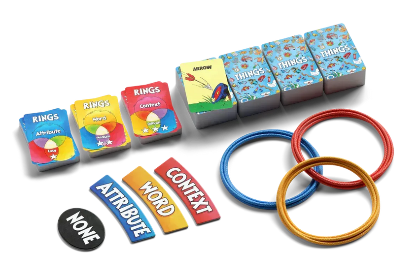 Things in Rings galda spēle ar krāsainiem gredzeniem, spēļu kārtīm un norāžu žetoniem loģikas uzdevumu risināšanai.