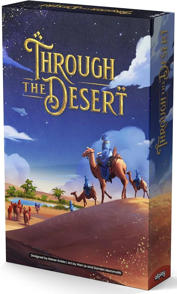 Galda spēles Through the Desert kaste ar tuksneša ainavu, kamieļiem un zvaigžņotām debesīm uz tumši zila fona.