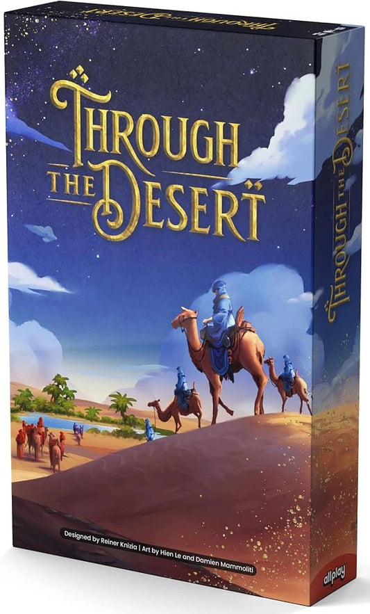 Galda spēles Through the Desert kaste ar tuksneša ainavu, kamieļiem un zvaigžņotām debesīm uz tumši zila fona.