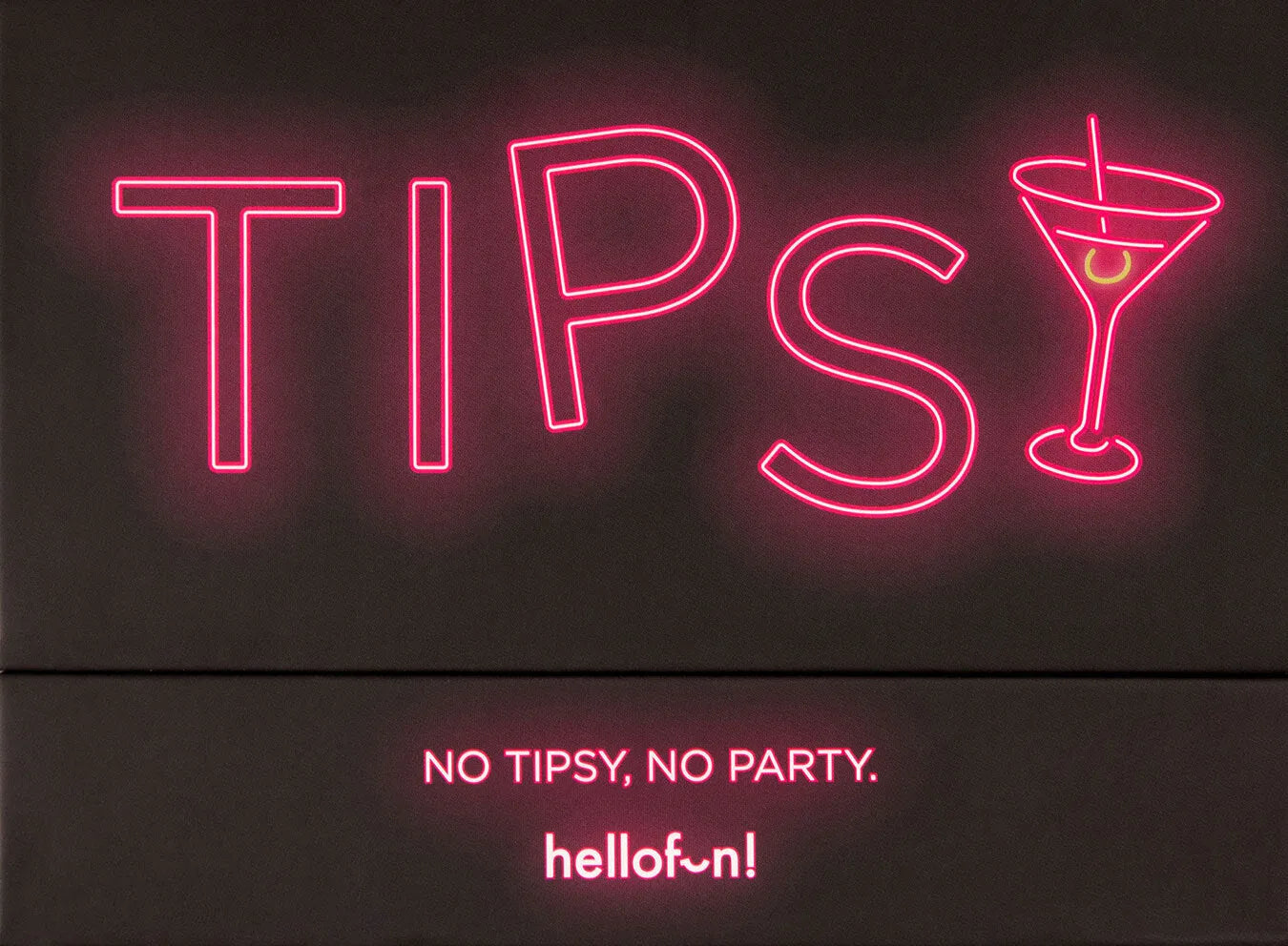 Tipsy dzeršanas spēles melna kaste ar koši rozā neona uzrakstu un kokteiļglāzes simbolu.