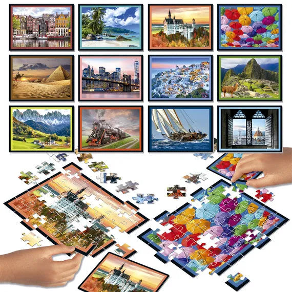 Travel Puzzle Battle komplekts ar krāsainiem puzles gabaliņiem un 12 dažādām ceļojumu tematikas gleznām uz kartona pamatnes.