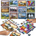 Travel Puzzle Battle komplekts ar krāsainiem puzles gabaliņiem un 12 dažādām ceļojumu tematikas gleznām uz kartona pamatnes.