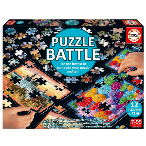 Puzzle Battle galda spēle ar 12 krāsainiem puzles komplektiem sacensībām, melnā kastē ar 42 gabaliņu puzlēm.