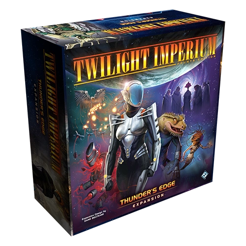 Twilight Imperium: Thunder's Edge galda spēles paplašinājuma kaste ar kosmisku ilustrāciju un citplanētiešu tēliem.