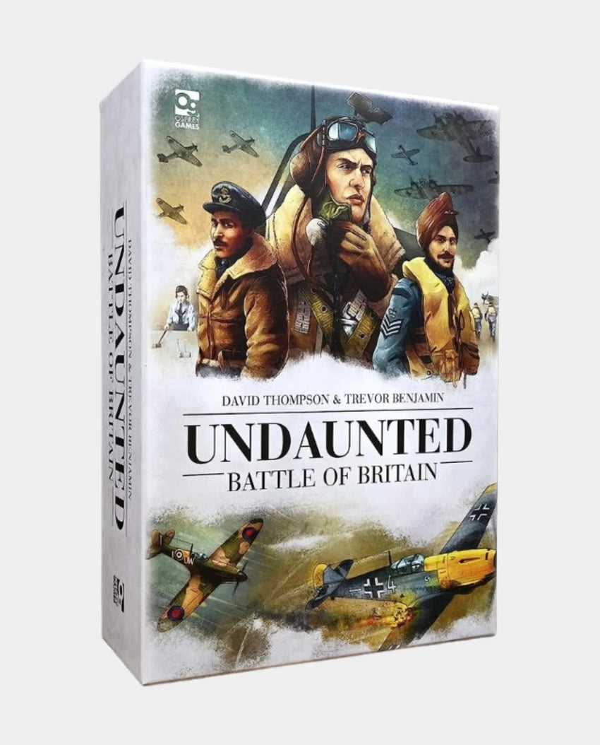 Galda spēles Undaunted Battle of Britain kaste ar ilustrētiem pilotiem un Otrā pasaules kara iznīcinātājiem uz vāka.