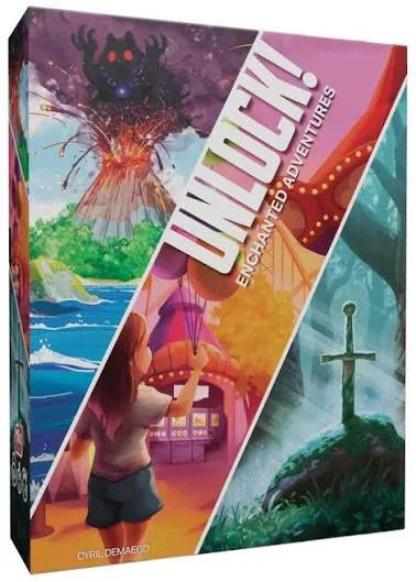 Unlock! 14 Enchanted Adventures galda spēles kaste ar krāsainu fantāzijas ilustrāciju un noslēpumainu piedzīvojumu motīviem.