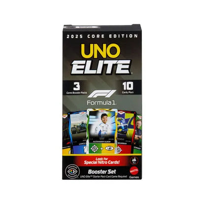 UNO ELITE F1 paplašinājuma kāršu komplekts ar Formula 1 tematiku, 3 iepakojumi ar sacīkšu braucēju un bolīdu attēliem.