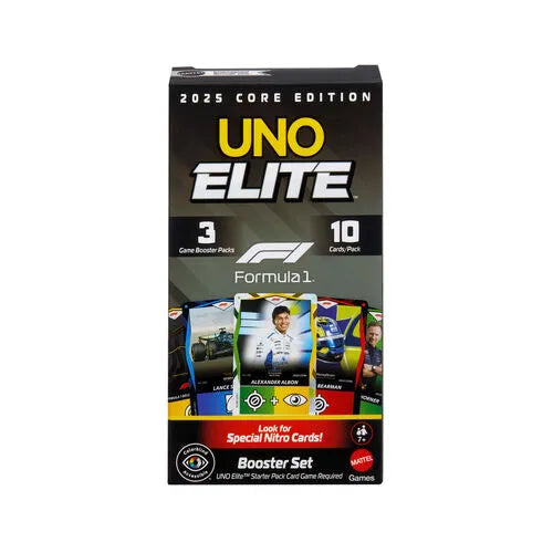 UNO ELITE F1 paplašinājuma kāršu komplekts ar Formula 1 tematiku, 3 iepakojumi ar sacīkšu braucēju un bolīdu attēliem.