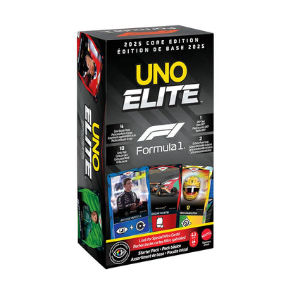 UNO ELITE F1 2025 kāršu spēles komplekts melnā iepakojumā ar Formula 1 sacīkšu braucēju attēliem un spēles elementiem.