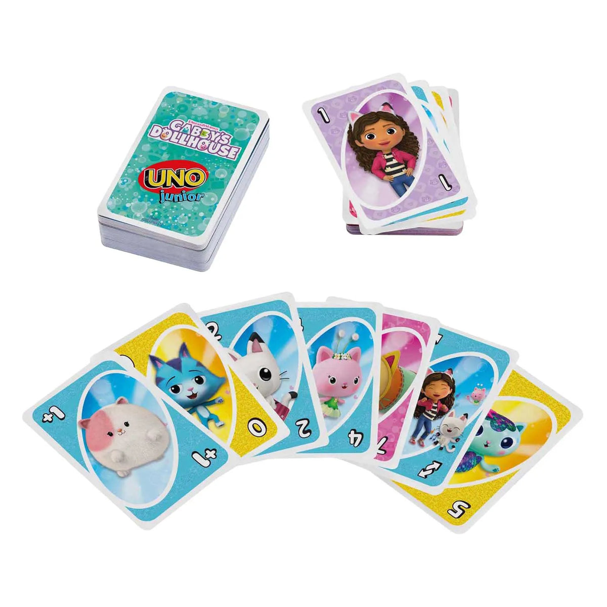 UNO Junior Gabby's Dollhouse kāršu spēle ar krāsainiem tēliem un skaitļiem uz izturīgām kartona kārtīm.