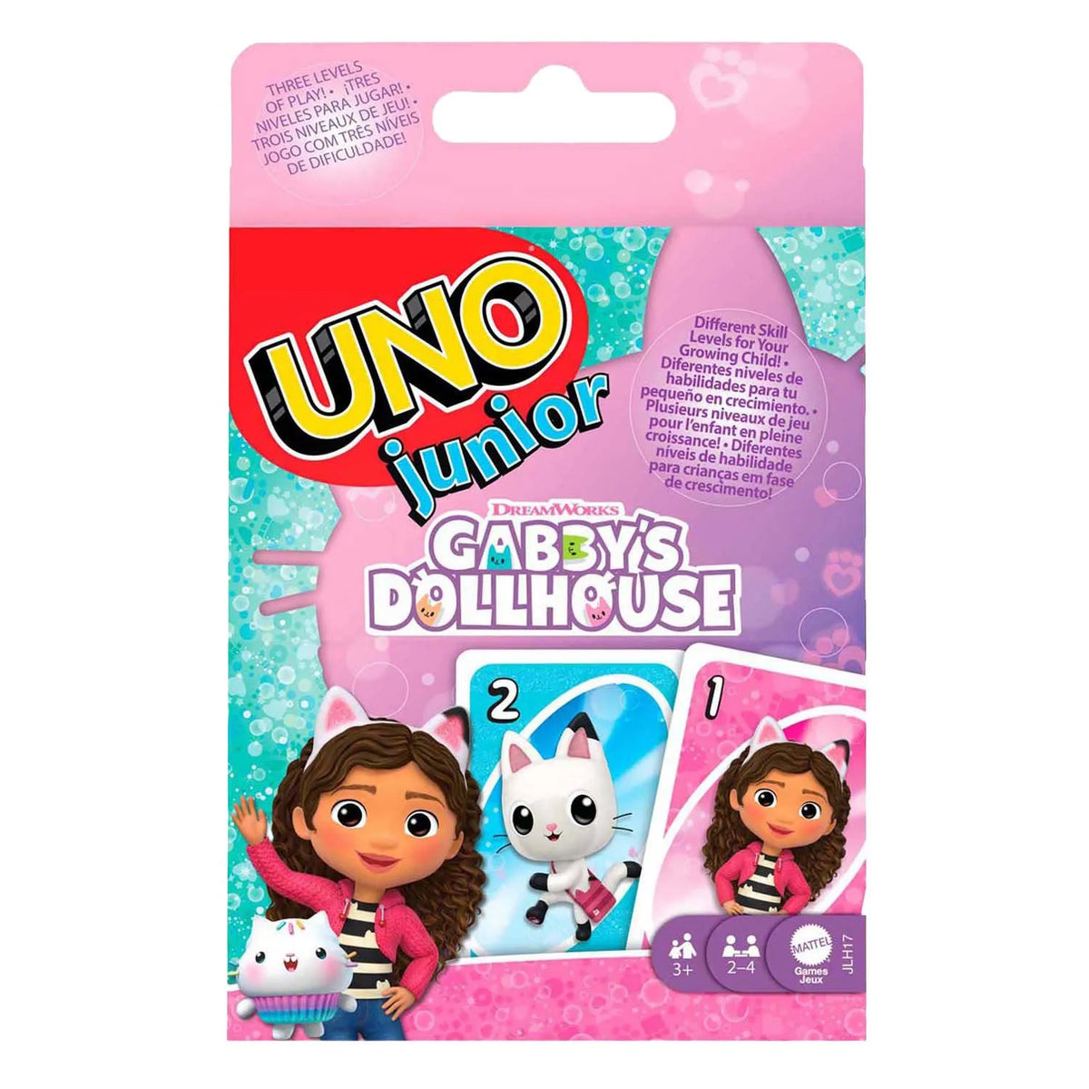 UNO Junior kāršu spēle ar Gabby's Dollhouse tēliem, trīs spēles līmeņi bērniem no 3 gadu vecuma, krāsains iepakojums.