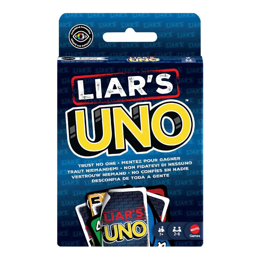Uno Liars kāršu spēle zilā iepakojumā ar krāsainām spēļu kārtīm, paredzēta 2-6 spēlētājiem no 7 gadu vecuma.