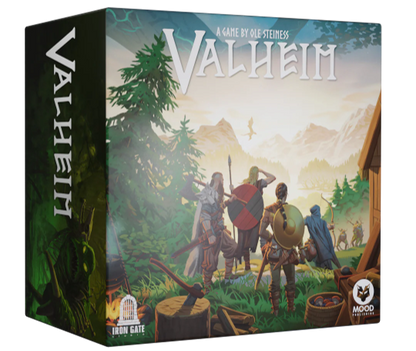 Valheim galda spēles kaste ar ilustrētiem vikingiem, meža ainavu un spēles nosaukumu uz tumši zaļa un gaiša fona.