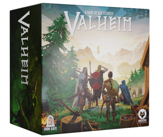 Valheim galda spēles kaste ar ilustrētiem vikingiem, meža ainavu un spēles nosaukumu uz tumši zaļa un gaiša fona.
