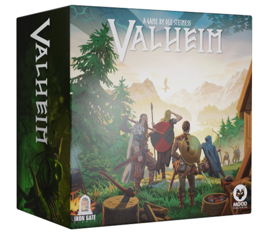 Valheim galda spēles kaste ar ilustrētiem vikingiem, meža ainavu un spēles nosaukumu uz tumši zaļa un gaiša fona.