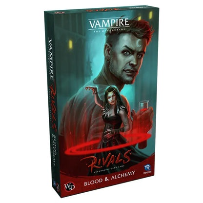 Vampire: The Masquerade Rivals Blood & Alchemy paplašinājuma kāršu spēles kaste ar tumšu, gotisku ilustrāciju.