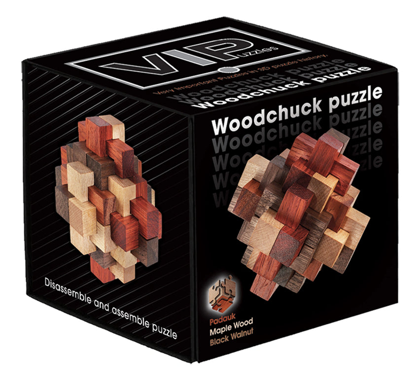VIP-silver Woodchuck 3D koka loģikas spēle no padauk, kļavas un melnā riekstkoka gabaliņiem melnā iepakojumā.