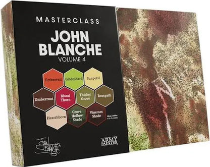 Army Painter John Blanche krāsu komplekts ar desmit heksagonālām krāsu toņu norādēm uz melna iepakojuma fona.