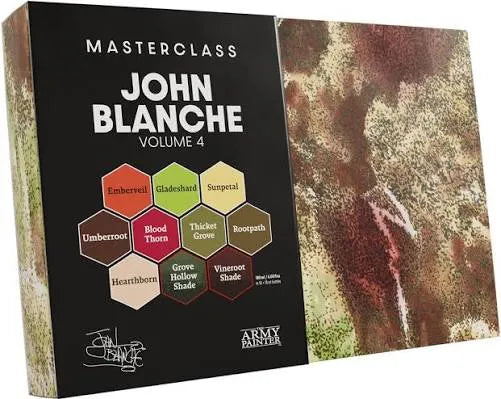 Army Painter John Blanche krāsu komplekts ar desmit heksagonālām krāsu toņu norādēm uz melna iepakojuma fona.