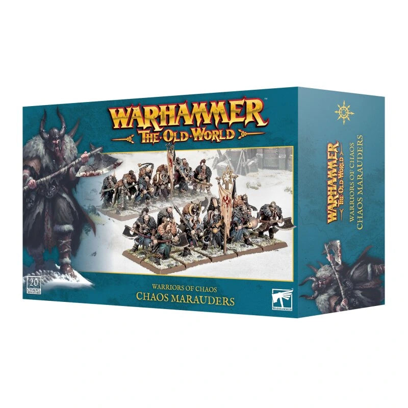 Warhammer The Old World Chaos Marauders kaste ar 20 detalizētām plastmasas miniatūrām kaujas ierindā.