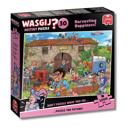 Wasgij Destiny 30 1000 gabaliņu puzle ar krāsainu lauku sētas ainu un humoristiskiem tēliem uz kartona kastes.