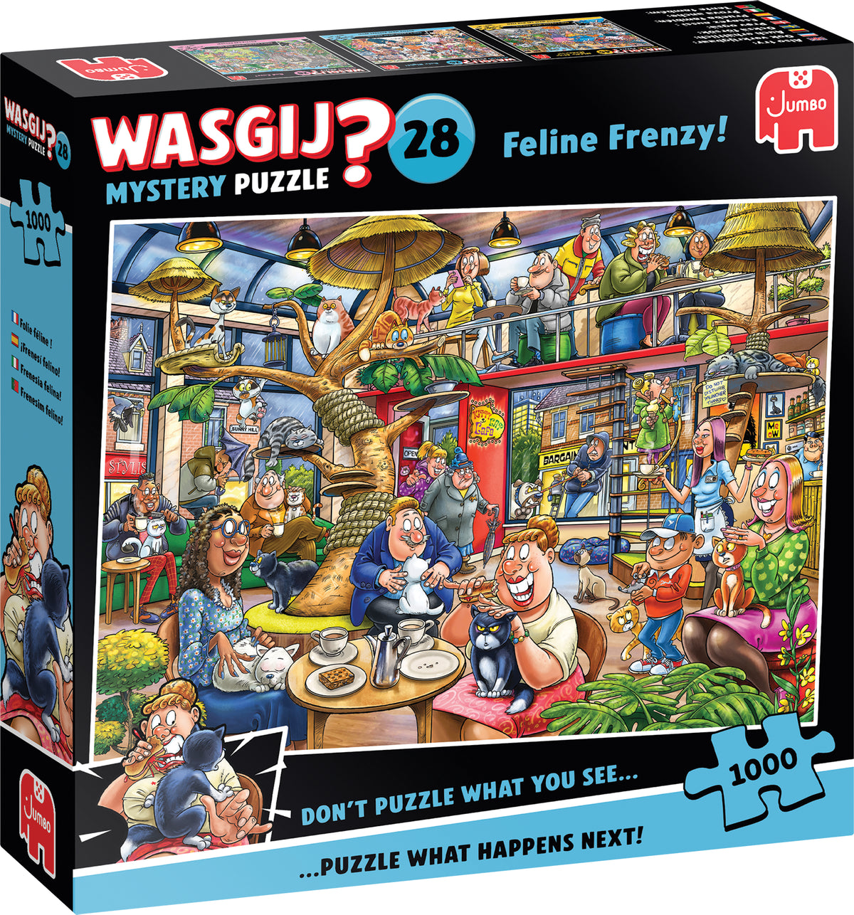 Wasgij Mystery 28 Feline Frenzy 1000 gabalu puzle ar krāsainu kaķu kafejnīcas ainu un komisku ilustrāciju.