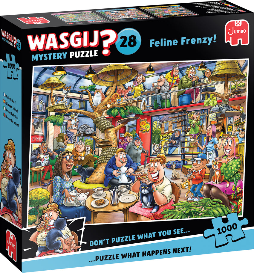 Wasgij Mystery 28 Feline Frenzy 1000 gabalu puzle ar krāsainu kaķu kafejnīcas ainu un komisku ilustrāciju.