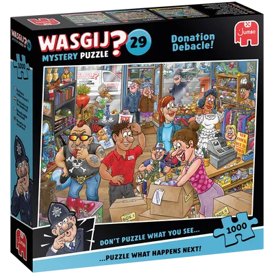 Wasgij Mystery 29 Donation Debacle 1000 gabalu puzle ar krāsainu labdarības veikala ainu kartona kastē.