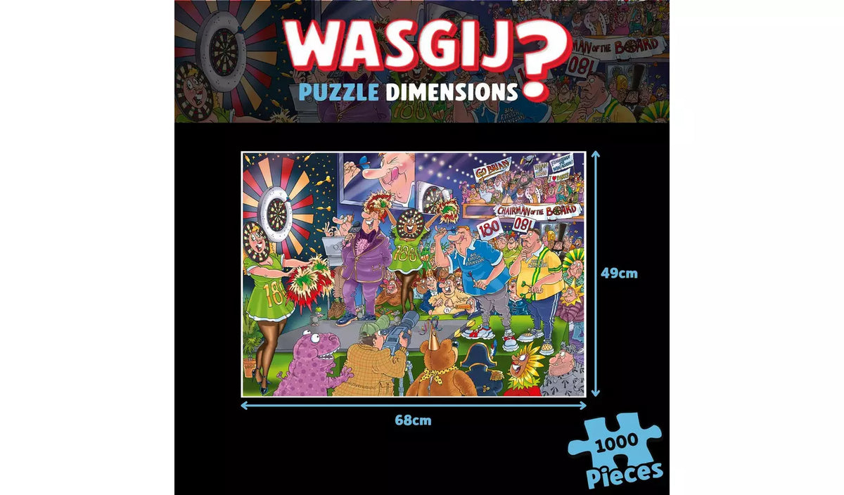 Wasgij Mystery 30 Bullseye 1000 gabaliņu puzle ar krāsainu šautriņu mešanas sacensību ilustrāciju 68x49 cm izmērā.