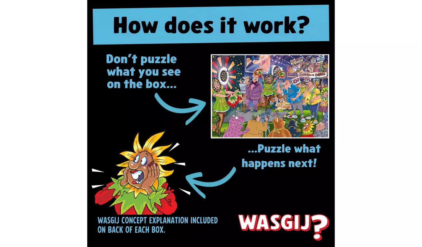 Wasgij Mystery 30 Bullseye 1000 gabaliņu puzles koncepta skaidrojums ar krāsainu ilustrāciju un norādēm par puzles salikšanu.