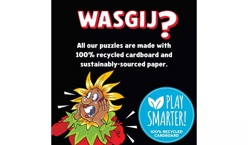 Wasgij Mystery 30 puzles iepakojums no 100% pārstrādāta kartona ar krāsainu ilustrāciju un Play Smarter simbolu.