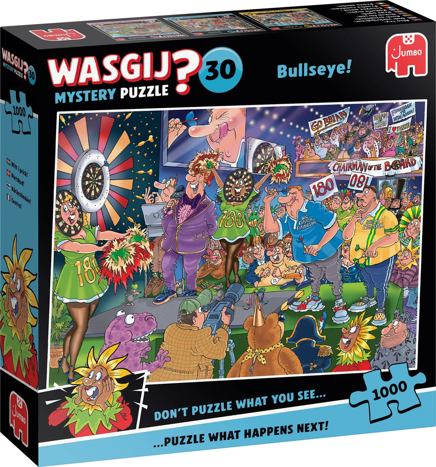 Wasgij Mystery 30 Bullseye 1000 gabaliņu puzle ar krāsainu šautriņu mešanas sacensību ilustrāciju uz kastes.