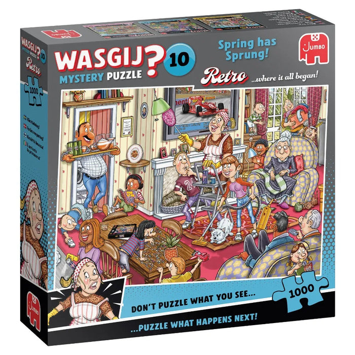 Wasgij Retro Mystery 10 puzle ar 1000 detaļām, kurā attēlota krāsaina un haotiska pavasara tīrīšanas aina ģimenes mājā.
