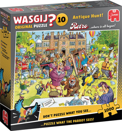 Wasgij Retro 10 Antique Hunt 1000 gabalu puzle ar krāsainu, komisku ainu pie muižas un daudzām dīvainām detaļām.